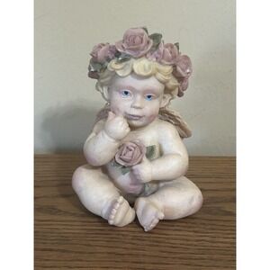 Vintage Cherub Angel Figurine 5" Resin Putti Flower Crown Winged Baby Angel‎